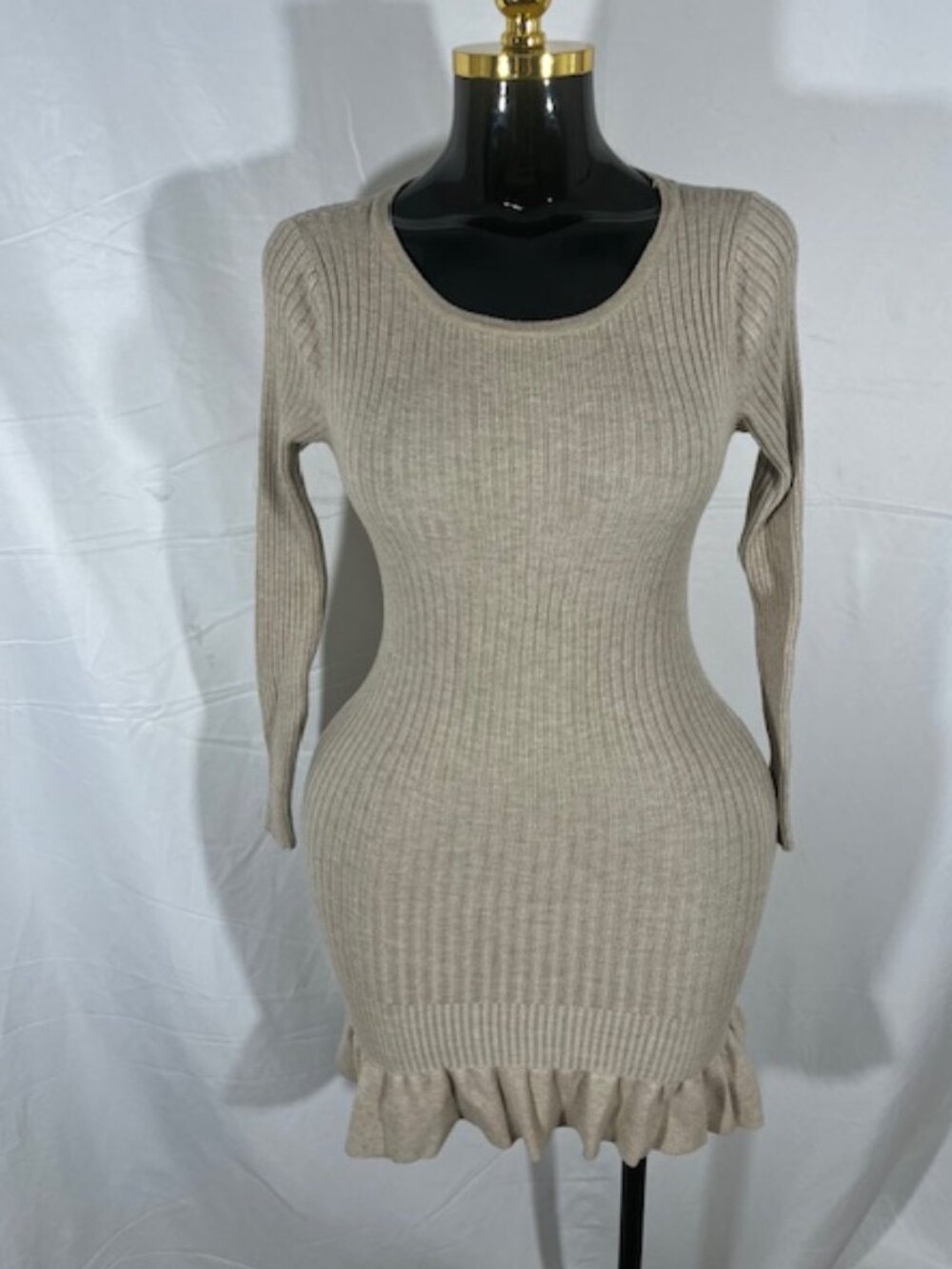 Shein Beige Ribbed Knit Sweater Midi Dress - M